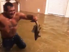 Houston man goes fishing in flooded home after Hurricane Harvey