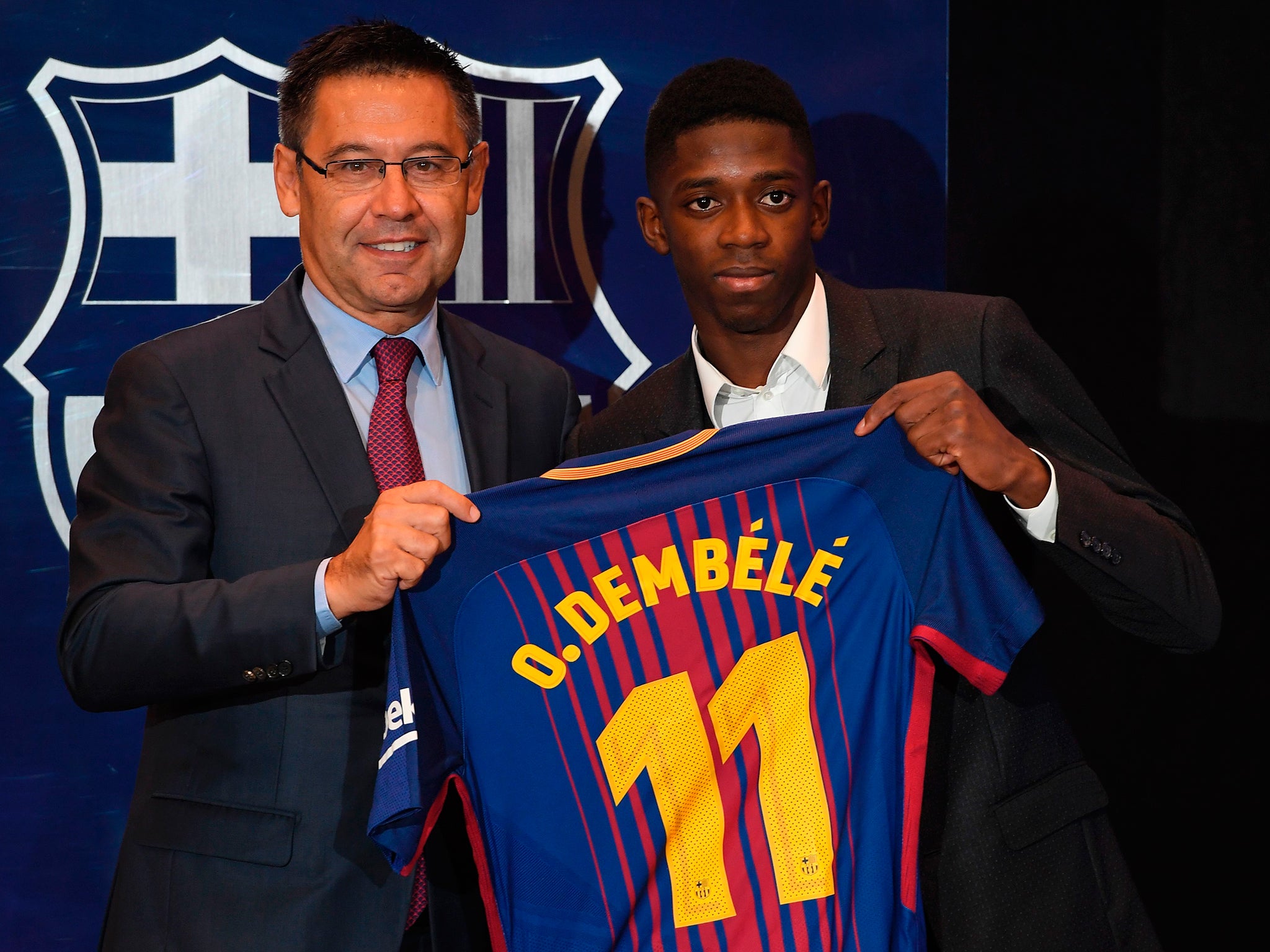 Ousmane Dembele was unveiled by Josep Bartomeu as a Barcelona player on Monday