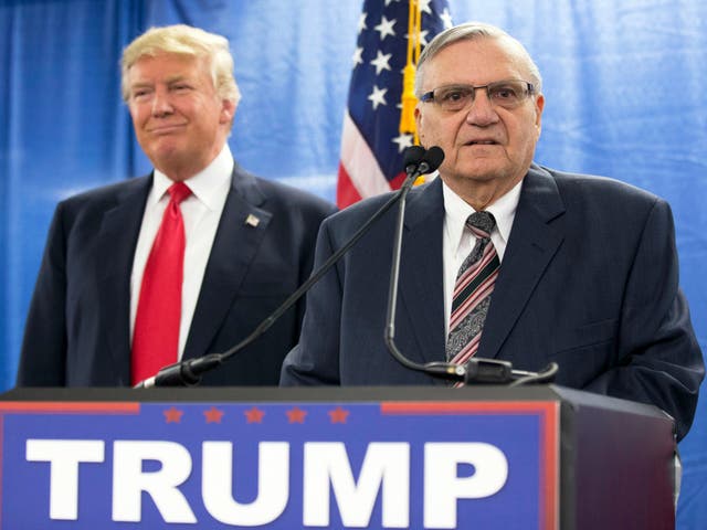 Then-candidate Donald Trump with then-Maricopa County Sheriff Joe Arpaio, on Jan. 26, 2016. Mr Trump has courted controversy for pardoning Mr Arpaio, a campaign ally.