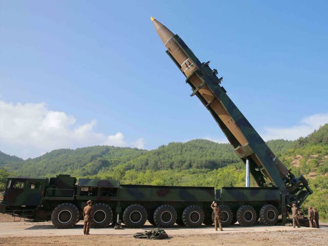 North Korean inter-continental ballistic rocket Hwasong-14 being prepared before a previous test launch