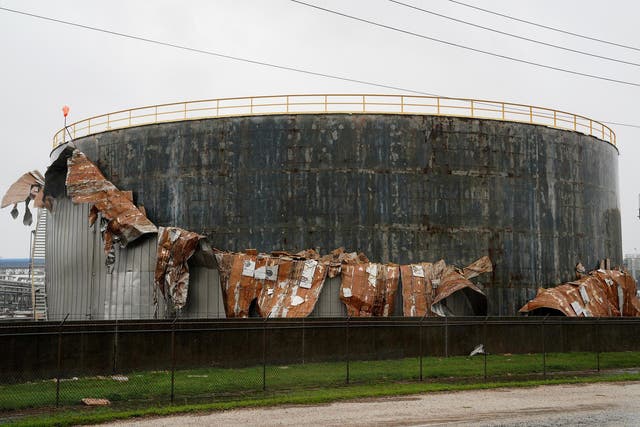 An oil tank damaged by Hurricane Harvey is seen near Seadrift, Texas