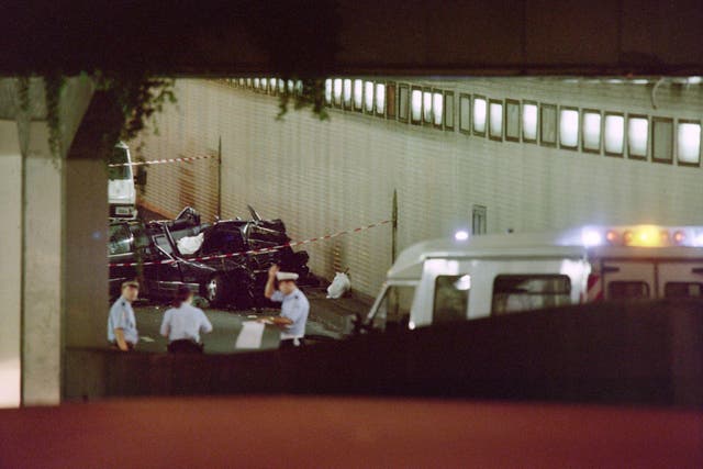 The wreckage of Princess Diana's car lies in a Paris tunnel on August 31, 1997