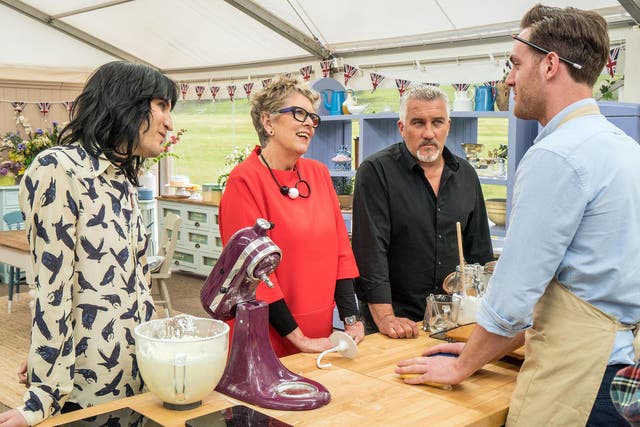 Noel Fielding (left), Paul Hollywood and Prue Leith give contestant Tom a grilling