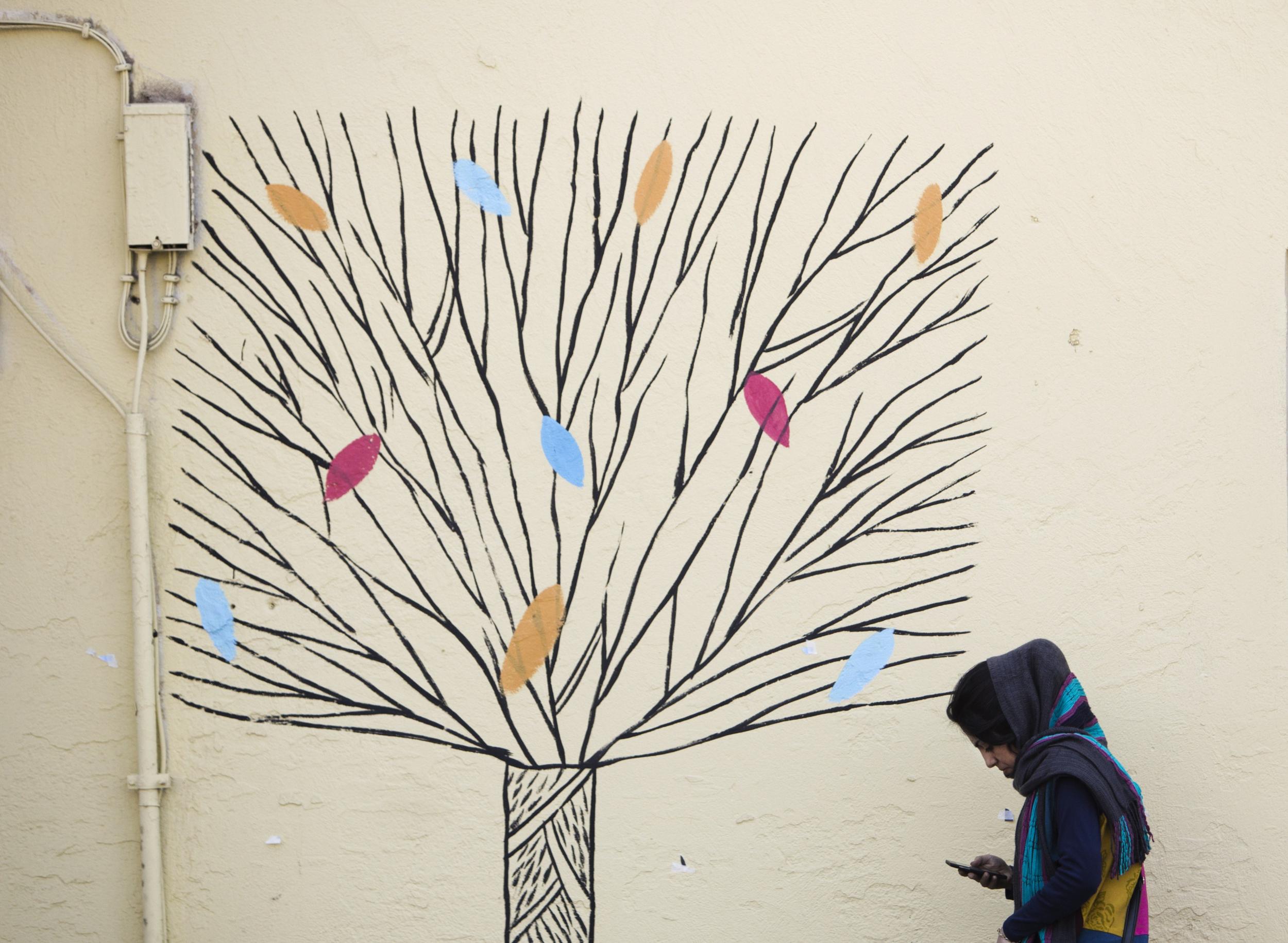 A woman checks her mobile phone as she walks past graffiti of a tree in central Tehran in this file photo from 31 December 2014 Getty