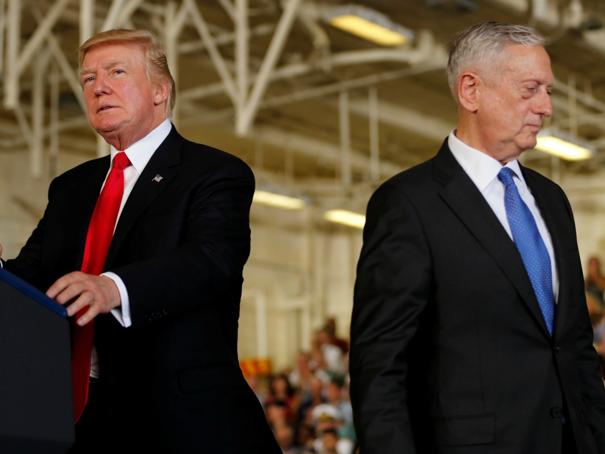 President Donald Trump and Defense Secretary James Mattis at Naval Station Norfolk in Norfolk, Virginia, U.S. July 22, 2017.