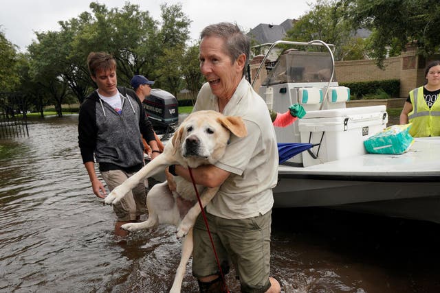 A man is evacuated by boat with his dog from the Hurricane Harvey floodwaters in Houston, Texas