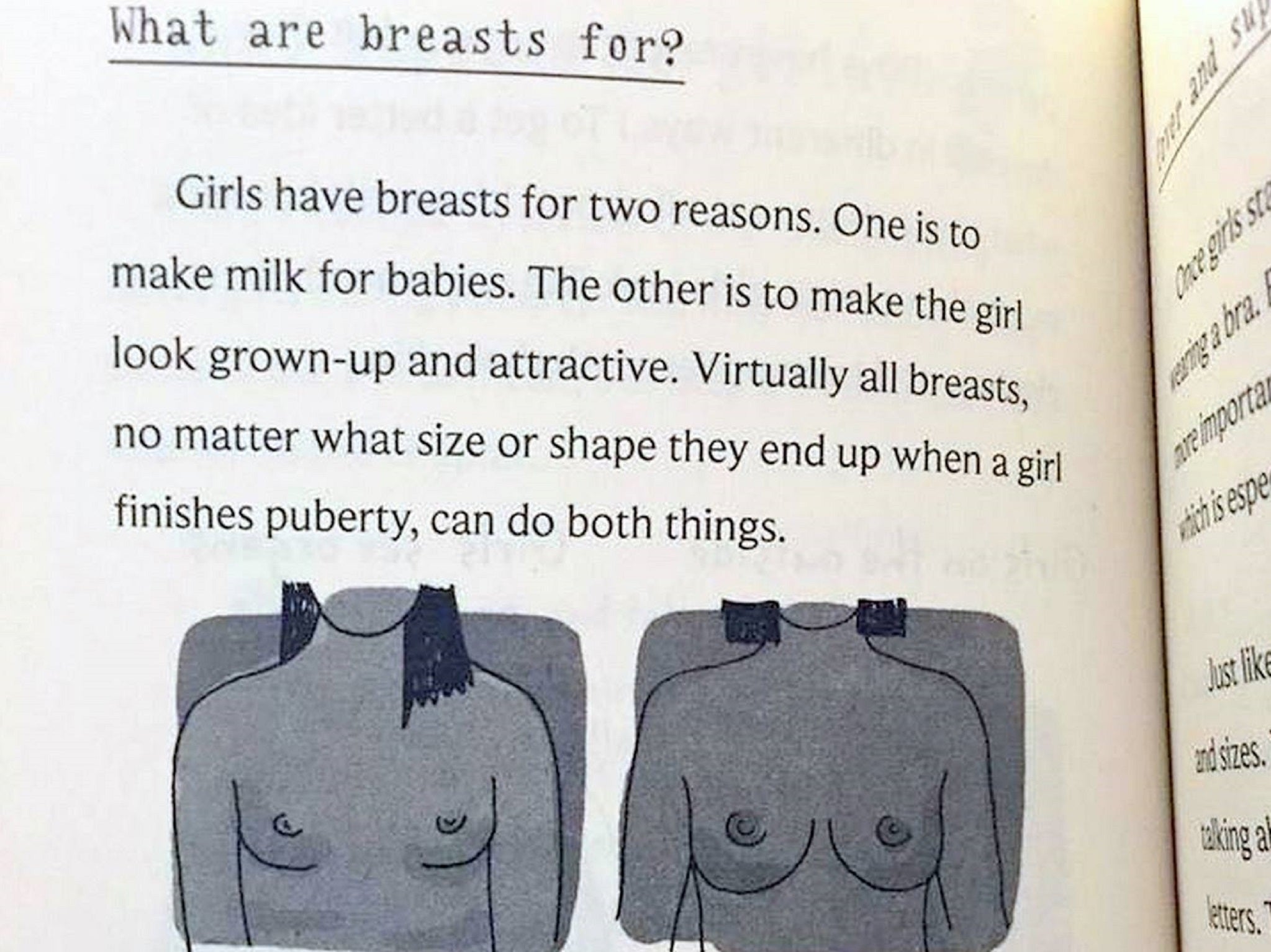 The book states girls develop breasts to make them look grown up and attractive