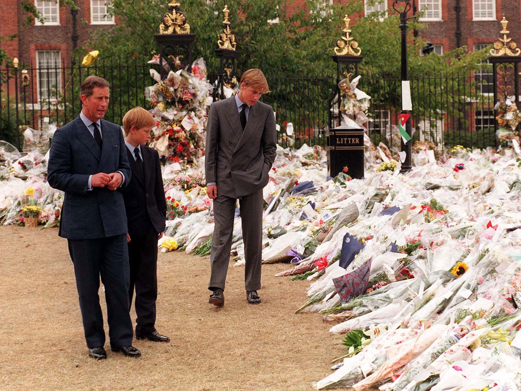 The Prince of Wales and his sons Prince William and Prince Harry view the sea of floral tributes to Diana days after she died in 1997