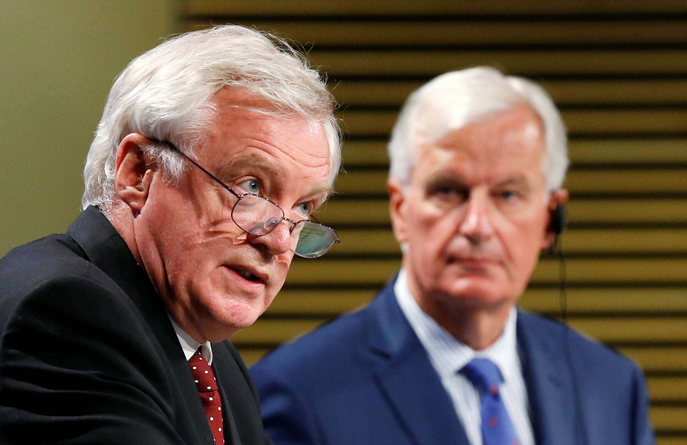 Britain’s Secretary of State for Exiting the European Union David Davis and European Union’s chief Brexit negotiator Michel Barnier