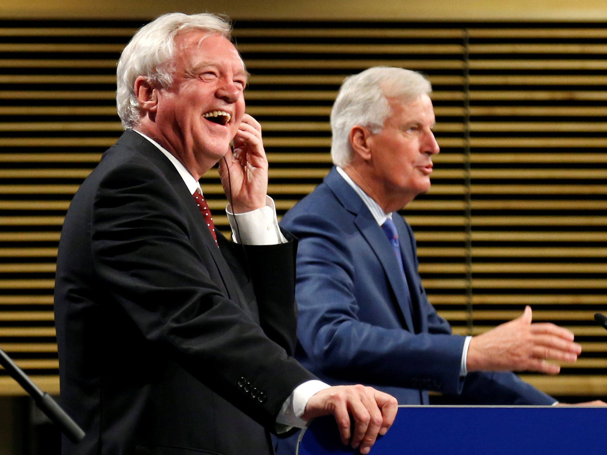 David Davis and Michel Barnier hold a joint news conference marking the end of the third formal negotiation session in Brussels