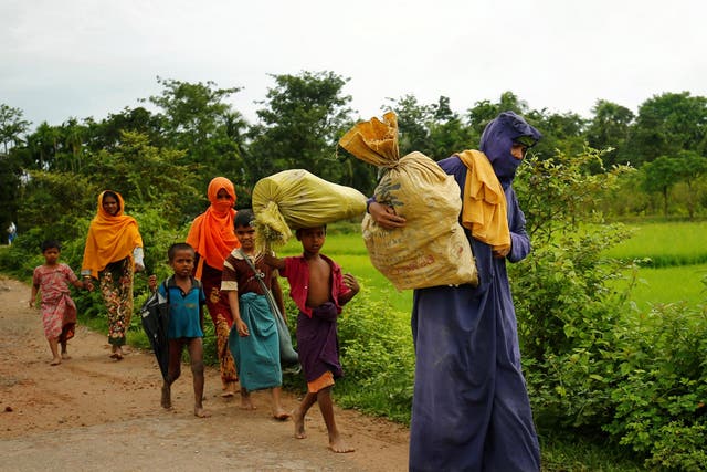 Rohingyas walk along the road to reach to the refugee camp after crossing the border in Cox's Bazar, Bangladesh