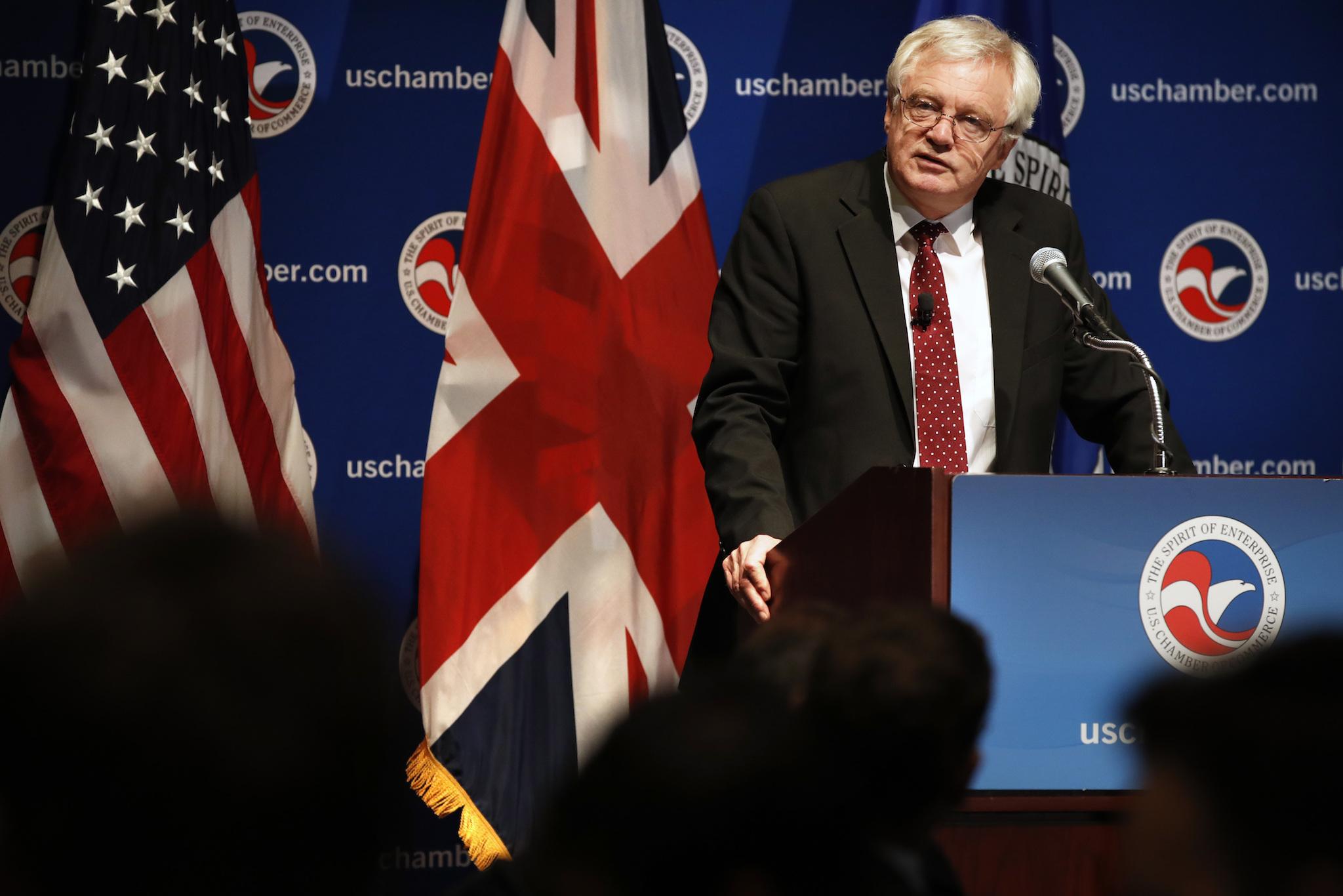 David Davis, Britain's Secretary of State for Exiting the European Union, speaks at the U.S. Chamber of Commerce, in Washington, Friday, Sept. 1, 2017