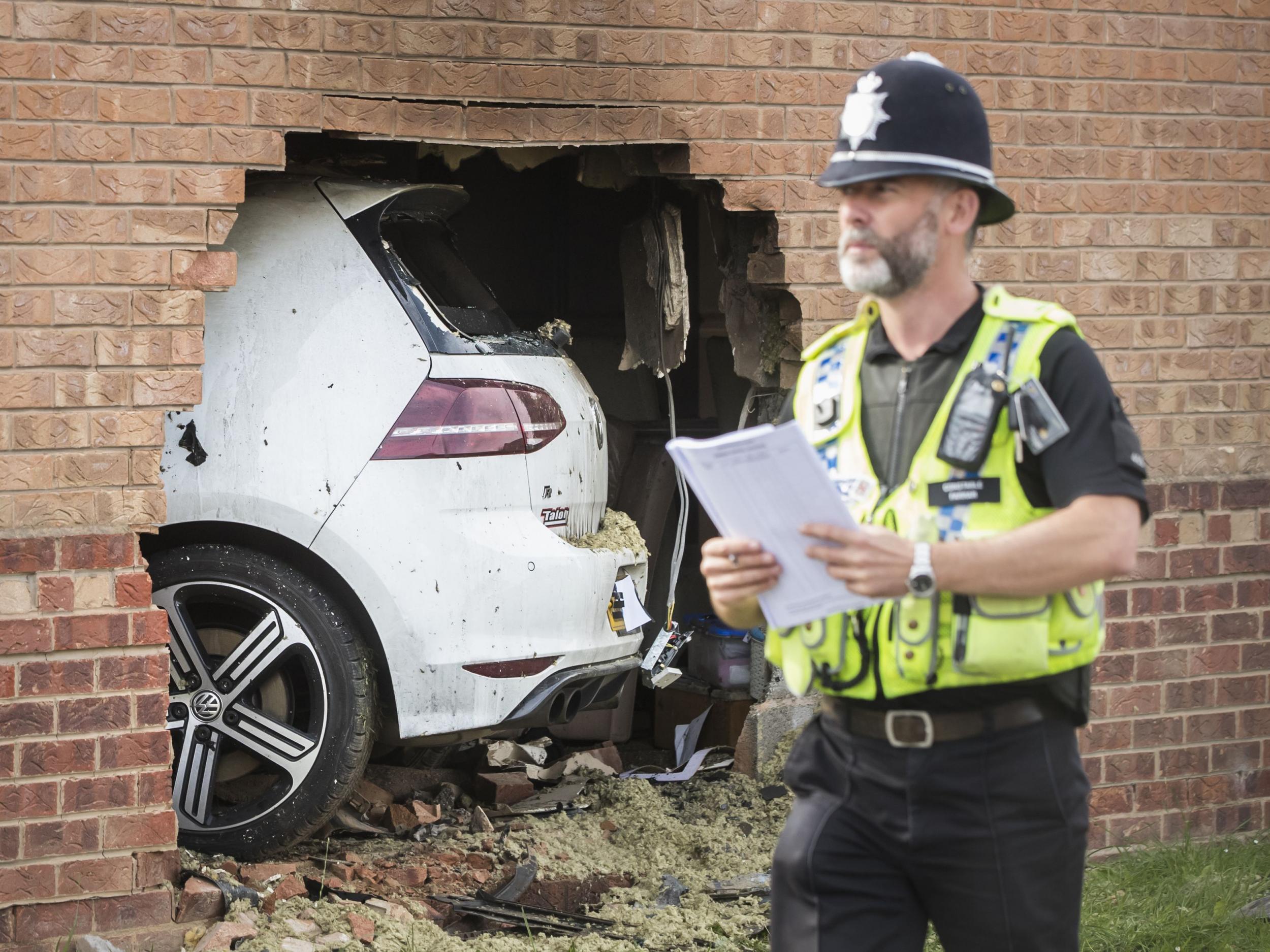 The scene in Morehall Close, Clifton, York, after a Volkswagen Golf R left the road and hit a house where a man inside the property suffered serious injuries, although they are not believed to be life threatening, PRESS ASSOCIATION Photo. Picture date: Sunday September 3, 2017.