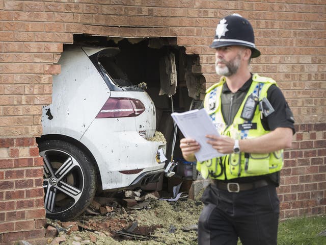 The scene in Morehall Close, Clifton, York, after a Volkswagen Golf R left the road and hit a house where a man inside the property suffered serious injuries, although they are not believed to be life threatening, PRESS ASSOCIATION Photo. Picture date: Sunday September 3, 2017.