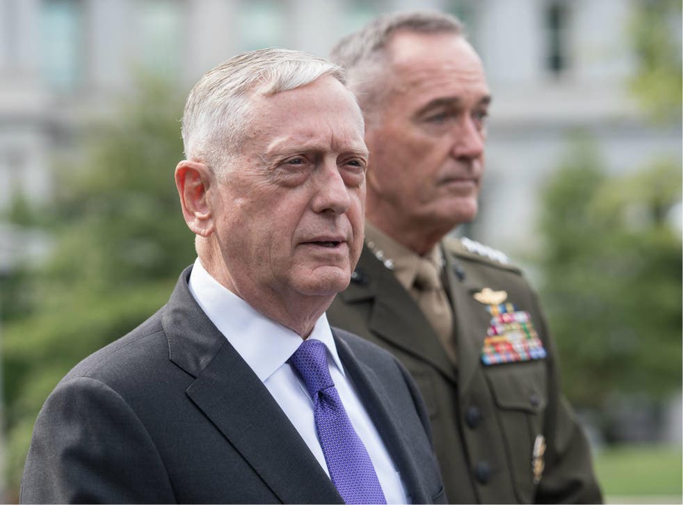 US Defence Secretary James Mattis and General Joseph Dunford, chairman of the Joint Chiefs of Staff, arrive to speak to the press about the situation in North Korea at the White House in Washington DC on 3 September 2017