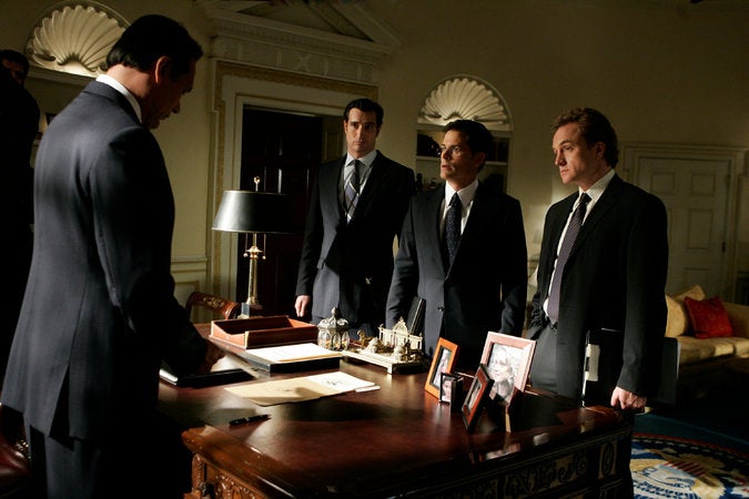 &#13;
Litt says speechwriters like Sam Seaborn (centre) in ‘The West Wing’ don’t have that much influence in reality &#13;