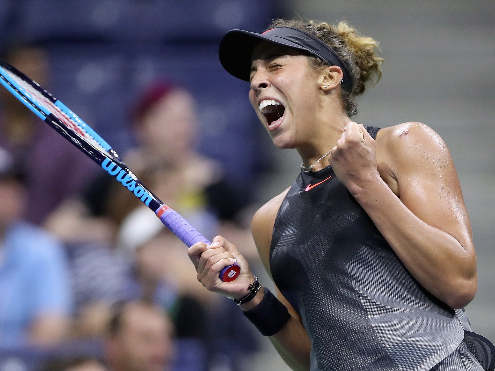 Madison Keys celebrates her victory over Elina Svitolina