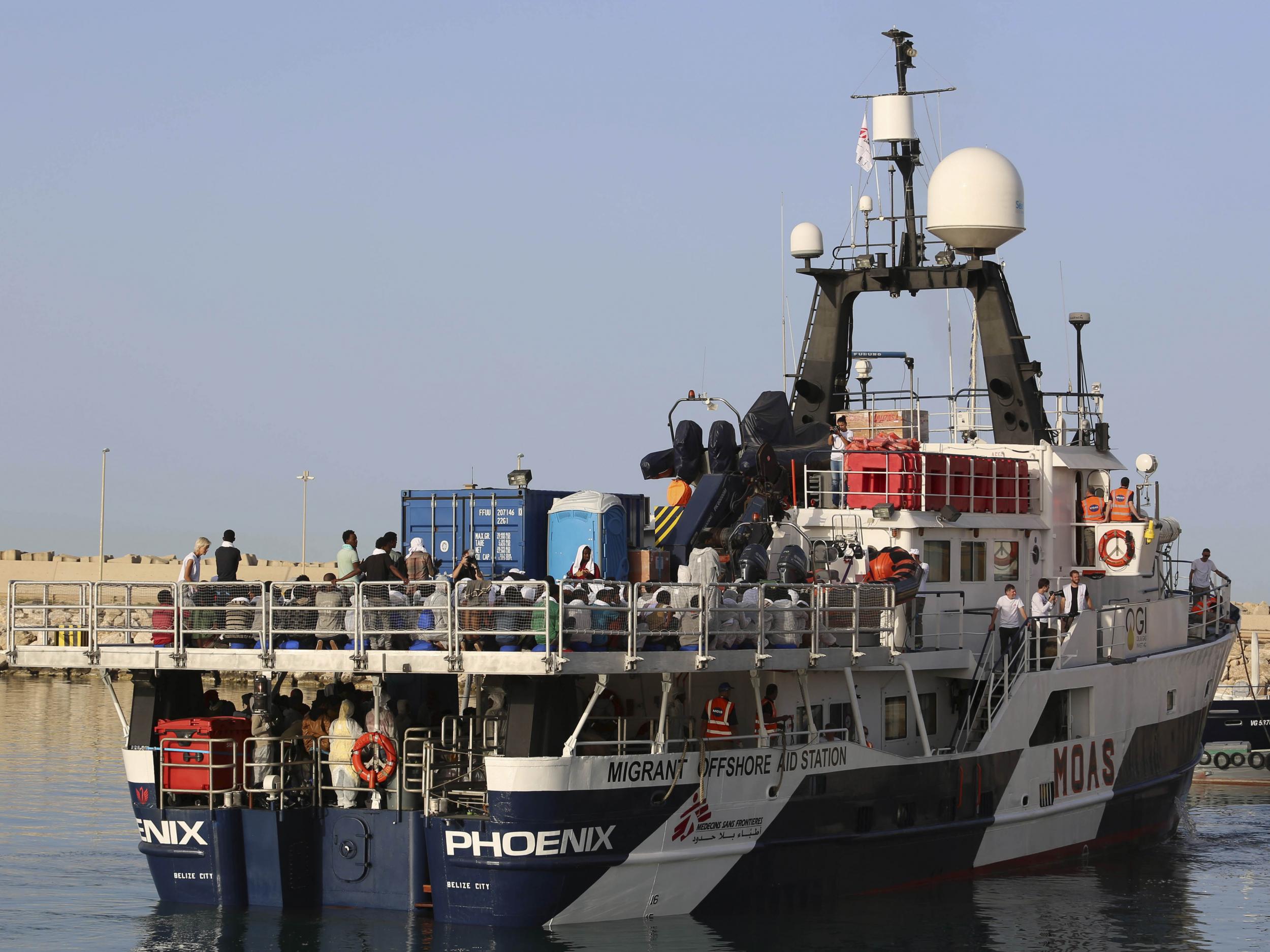 The MOAS rescue ship Phoenix moored in the Sicilian harbour of Pozzallo, Italy