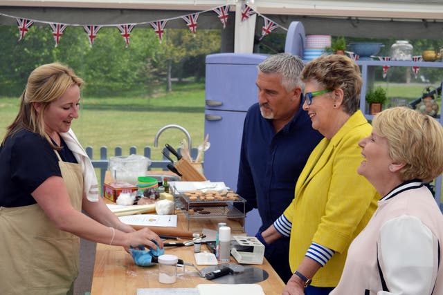 Judges Paul Hollywood and Prue Leith and presenter Sandi Toksvig chat to Stacey Hart about her bakes
