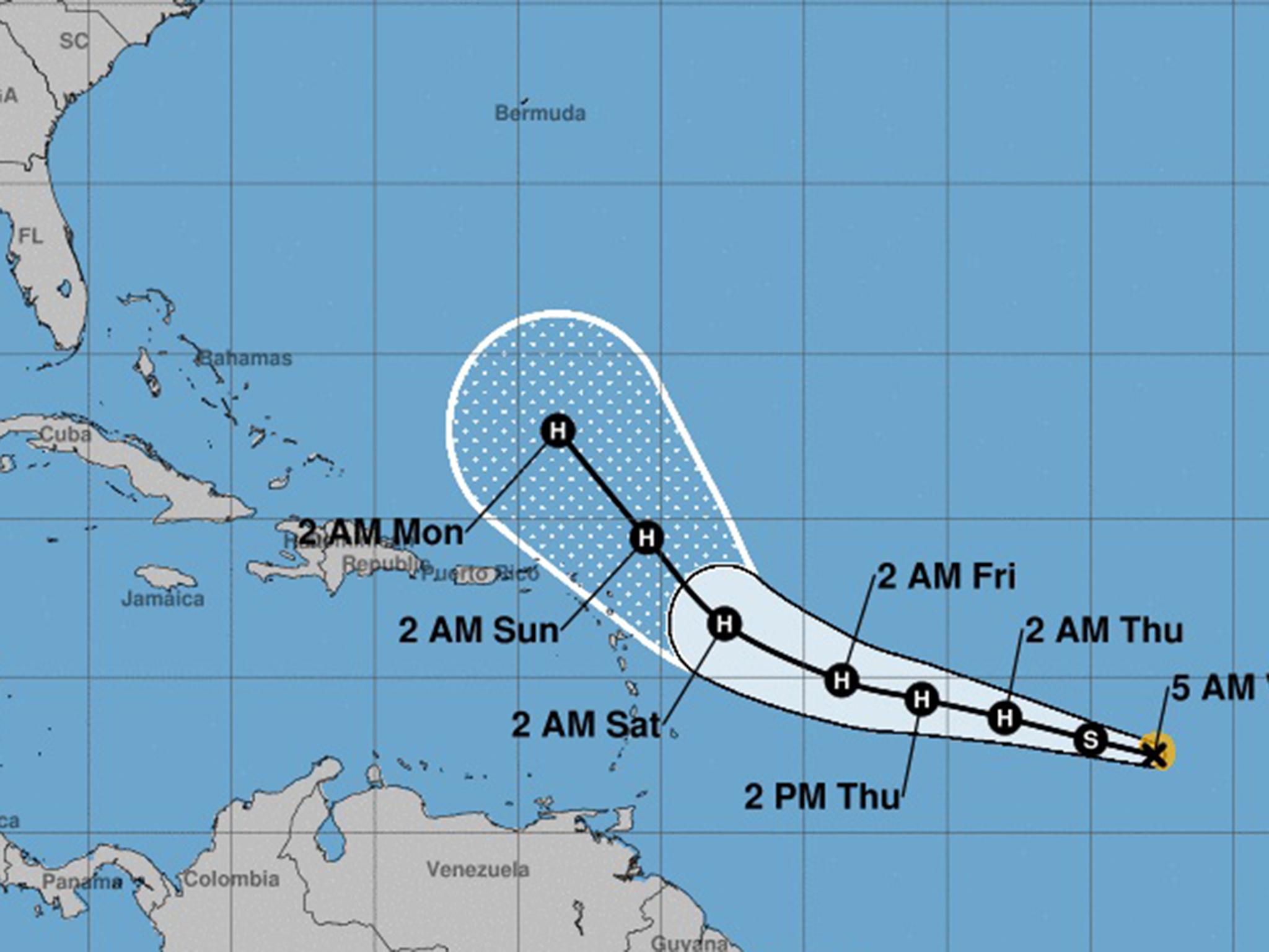 The predicted path of tropical storm Jose