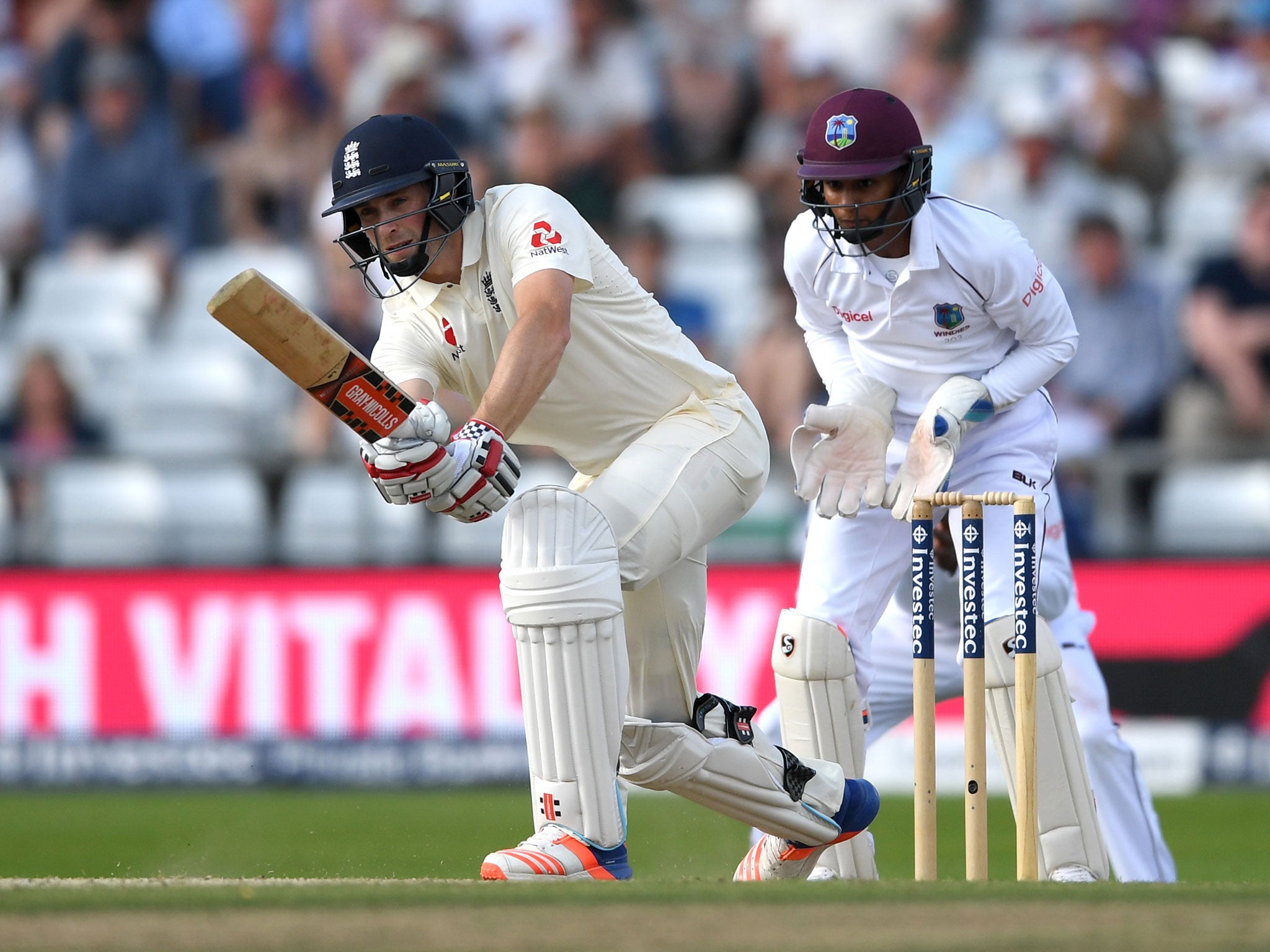 Woakes in action during the second Test against the West Indies