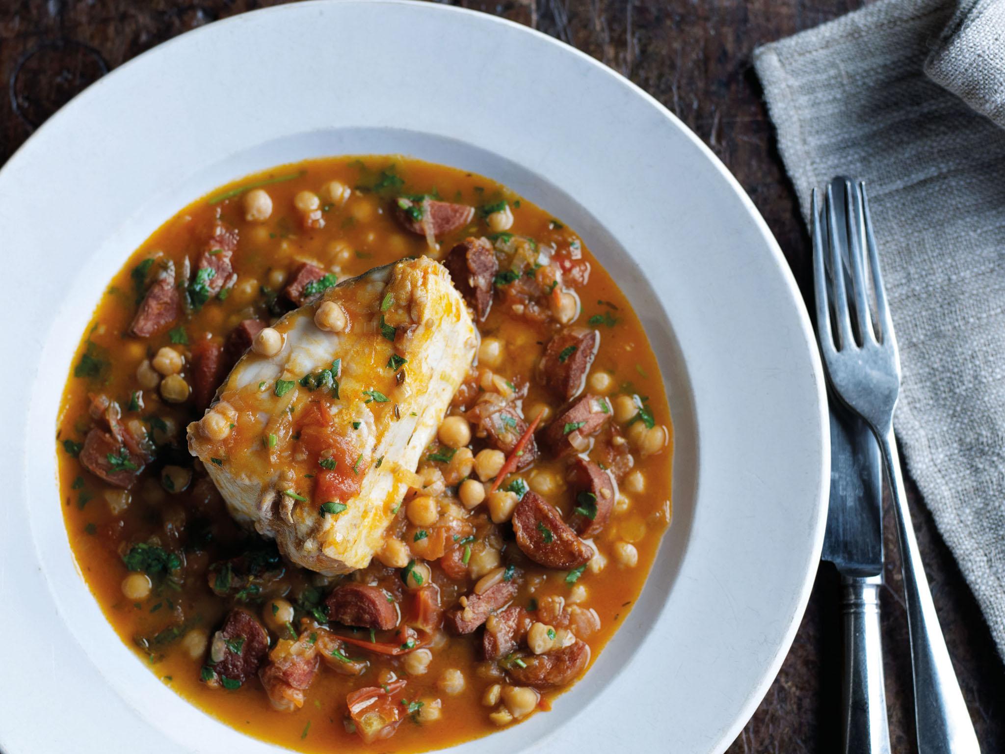 Chick peas and chorizo are an unlikely but brill complement to halibut fillet