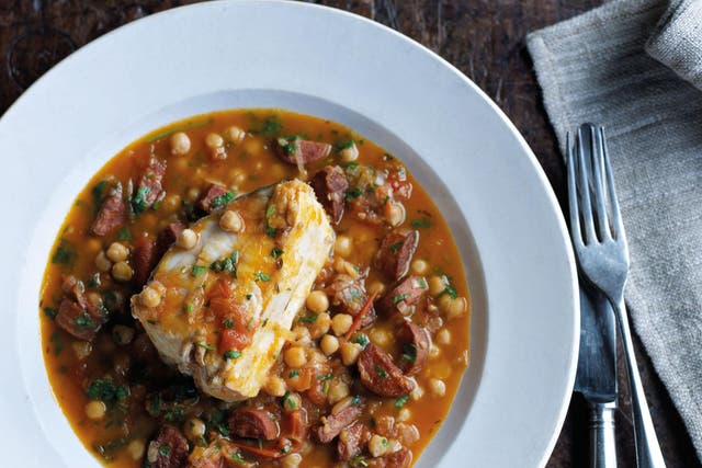 Chick peas and chorizo are an unlikely but brill complement to halibut fillet 