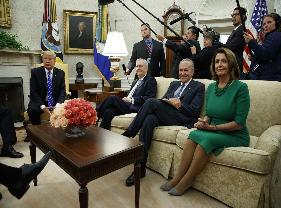 President Donald Trump meets with, from left, Senate Majority Leader Mitch McConnell, Senate Minority Leader Chuck Schumer, and House Minority Leader Nancy Pelosi, and other Congressional leaders in the Oval Office of the White House