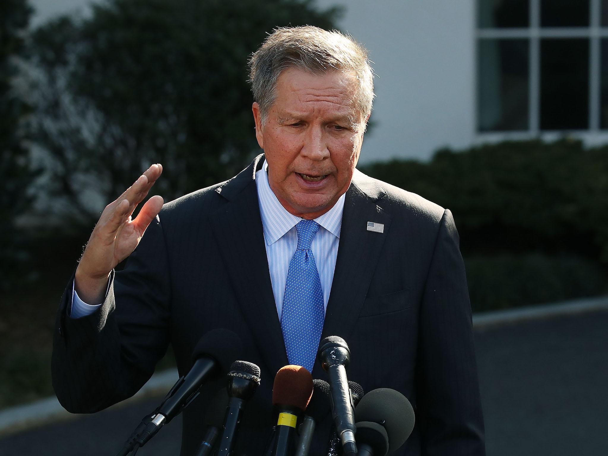 Ohio Governor John Kasich (R-OH), speaks to reporters after a closed meeting with U.S. President Donald Trump, on February 24, 2017