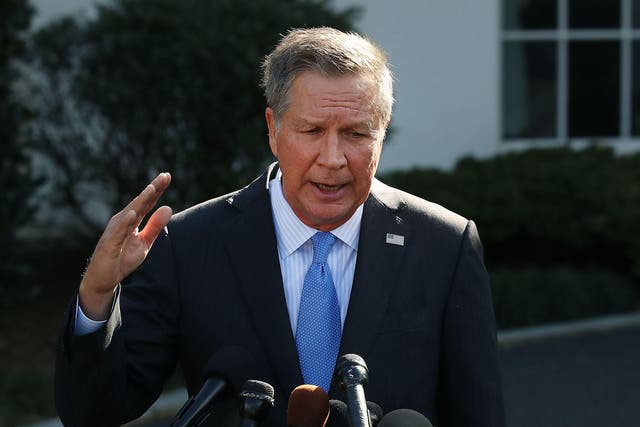 Ohio Governor John Kasich (R-OH), speaks to reporters after a closed meeting with U.S. President Donald Trump, on February 24, 2017