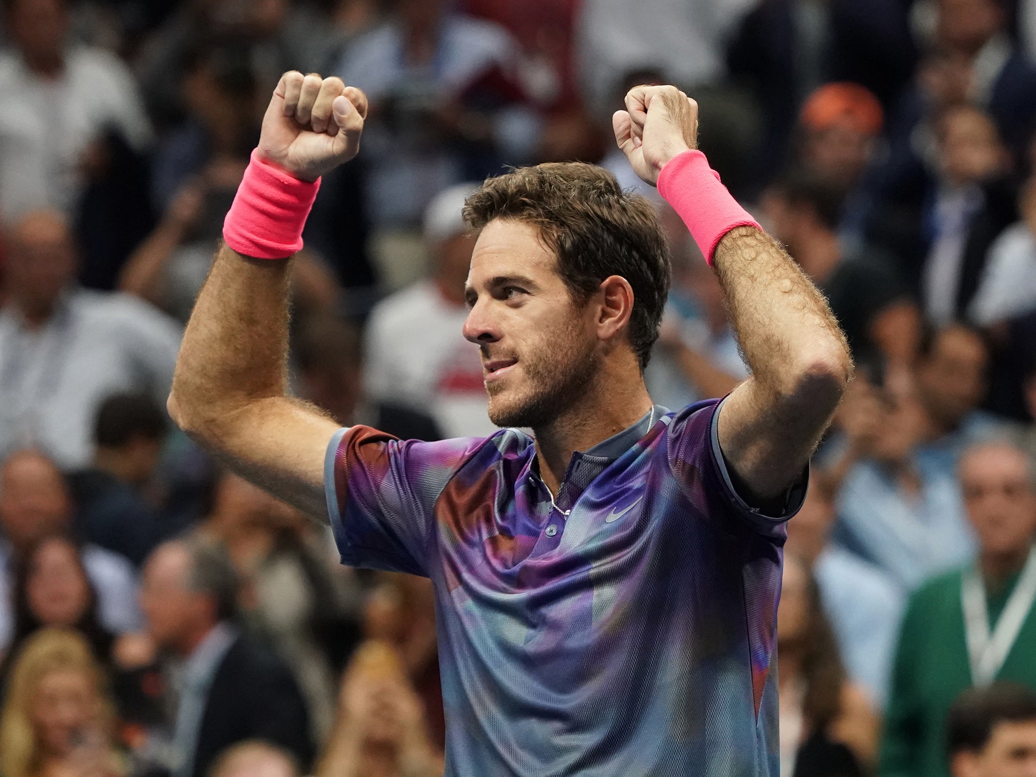 Juan Martin del Potro celebrates his victory over Roger Federer at the US Open