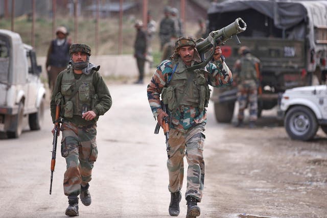 Indian army soldiers on duty in Chadoora, Srinagar