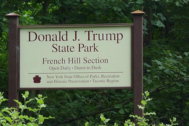 The entrance to Donald J Trump State Park, which was shut down in 2010