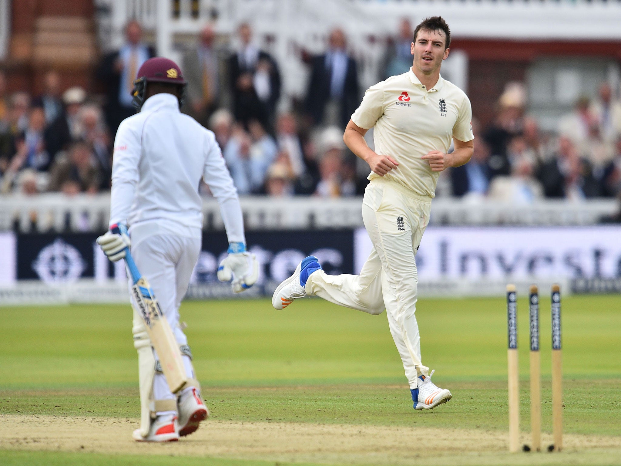 &#13;
Toby Roland-Jones looks on after taking Jermaine Blackwood's wicket for England &#13;