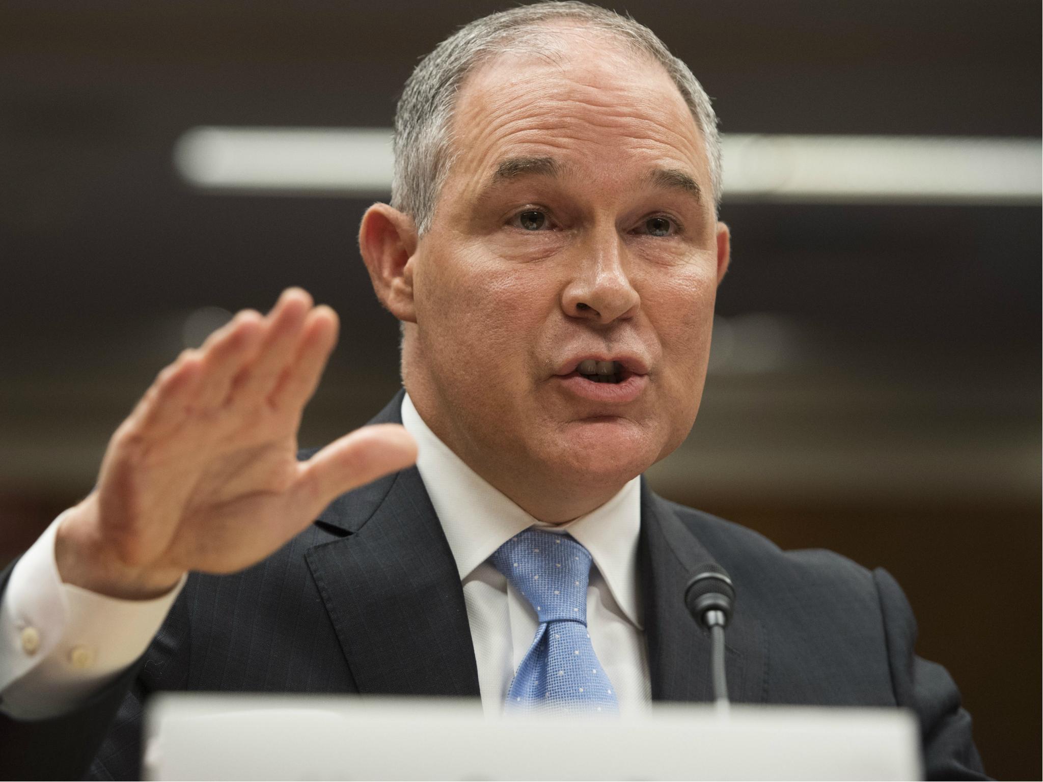 Environmental Protection Agency (EPA) Administrator Scott Pruitt testifies about the fiscal year 2018 budget during a Senate hearing.