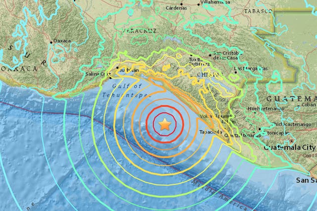 A USGS map showing the impact of the quake of Mexico's coast