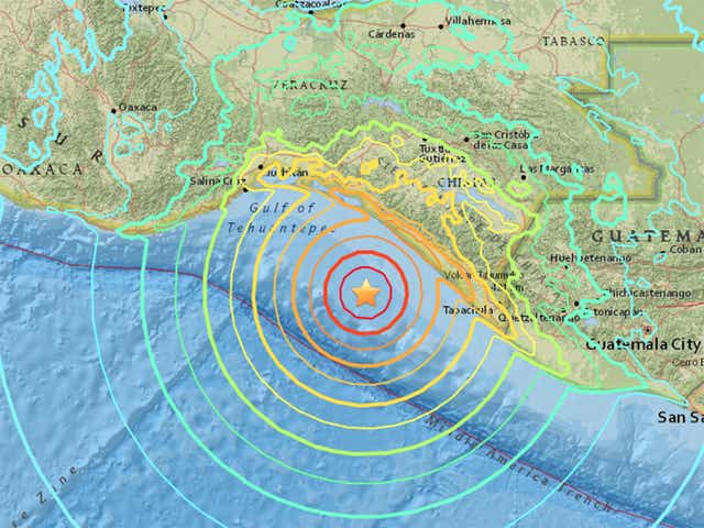 A USGS map showing the impact of the quake of Mexico's coast