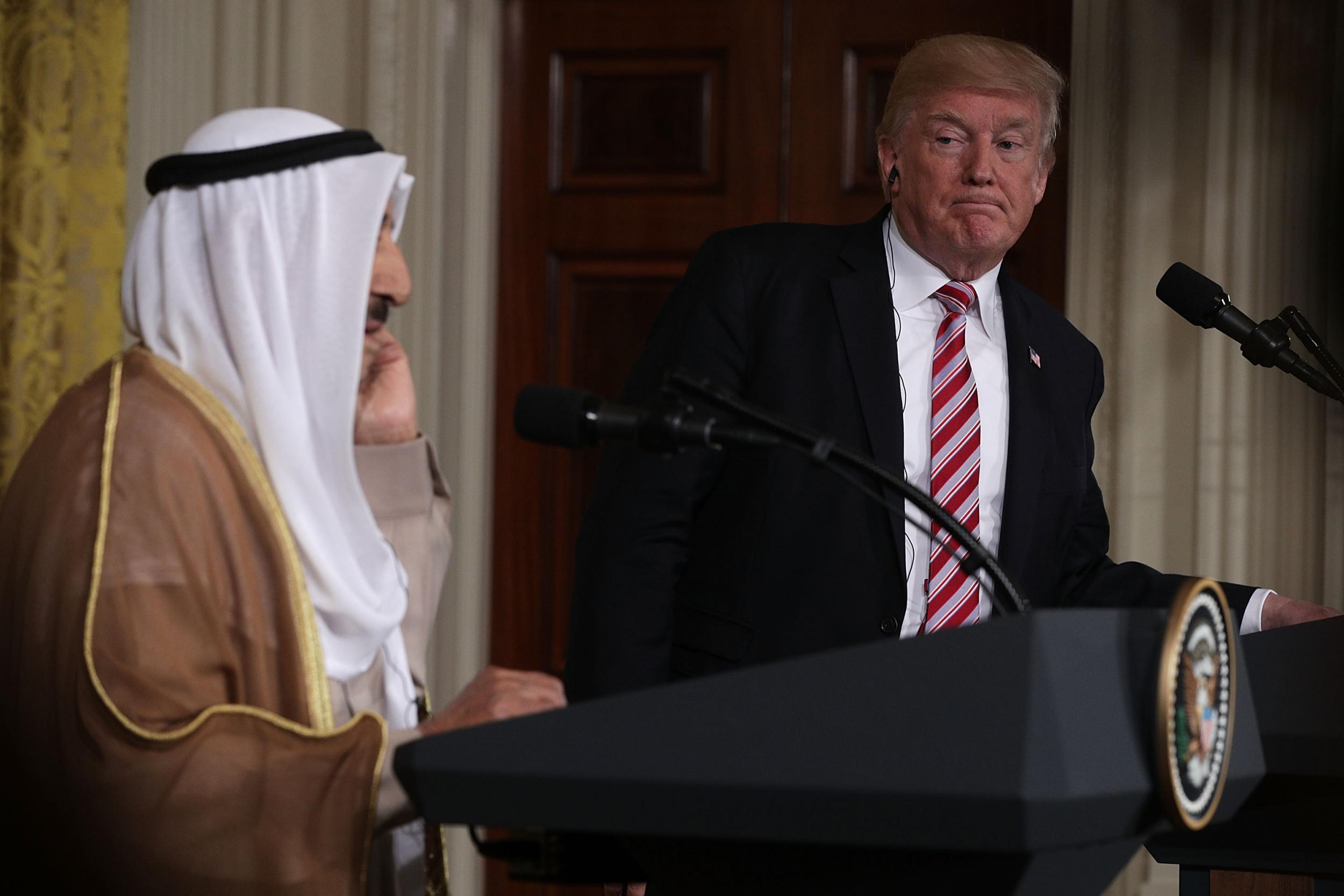 Amir Sabah Al-Ahmad Al-Jaber Al-Sabah of Kuwait and US President Donald Trump participate in a joint news conference in the White House