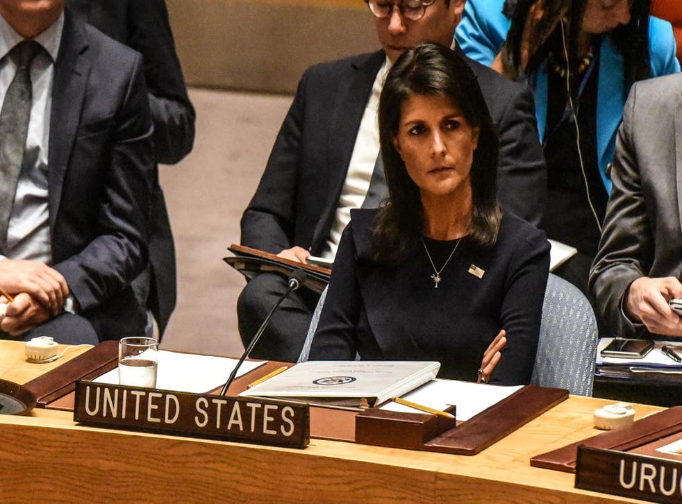 Ambassador to the UN Nikki Haley listens to remarks during a United Nations Security Council meeting on North Korea