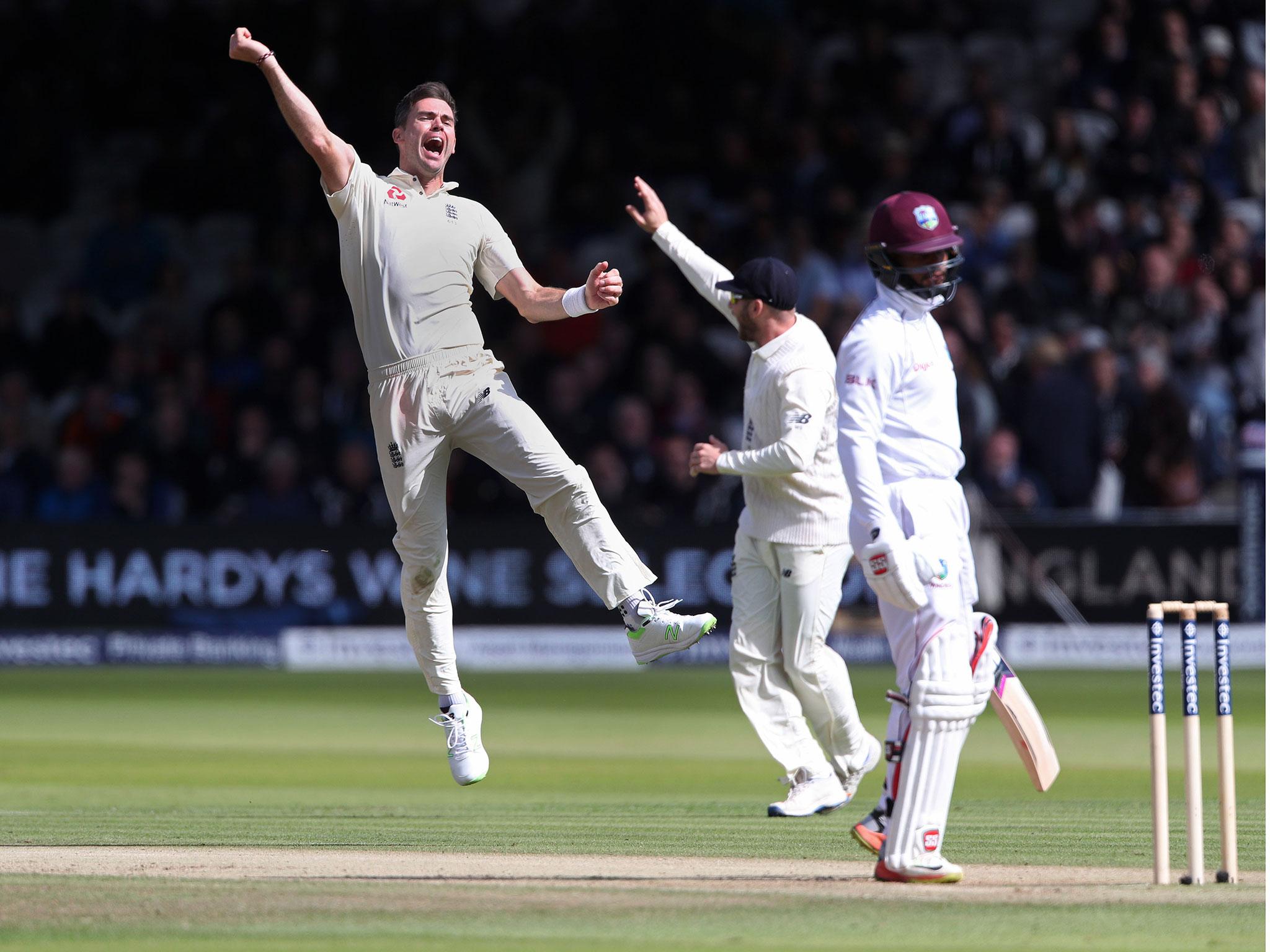 James Anderson celebrates after taking his fifth wicket of the second innings
