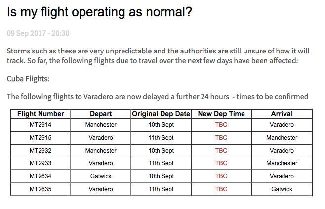 Indefinitely postponed: Thomas Cook flight schedules to and from Varadero in Cuba