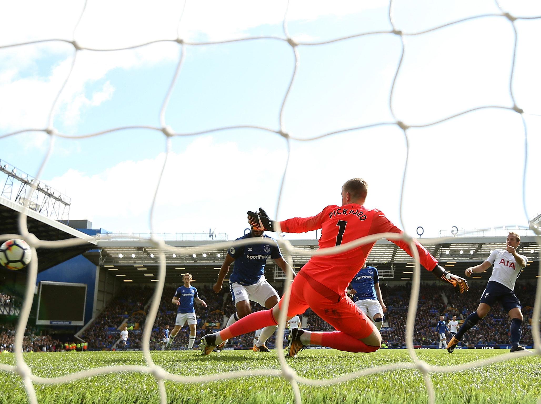 Kane made it four goals in a little over a week with his second at Goodison Park