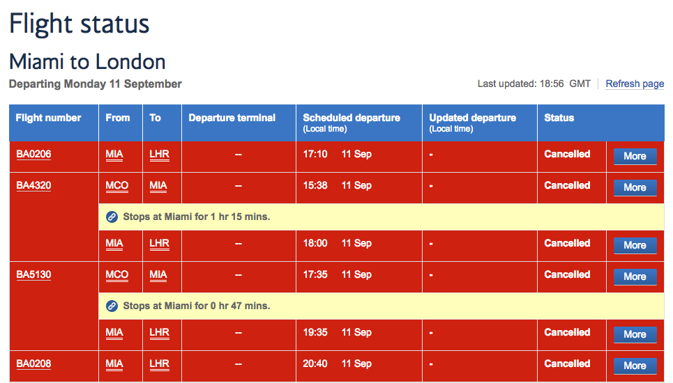 No-fly zone: BA departures from Miami to London on 11 September