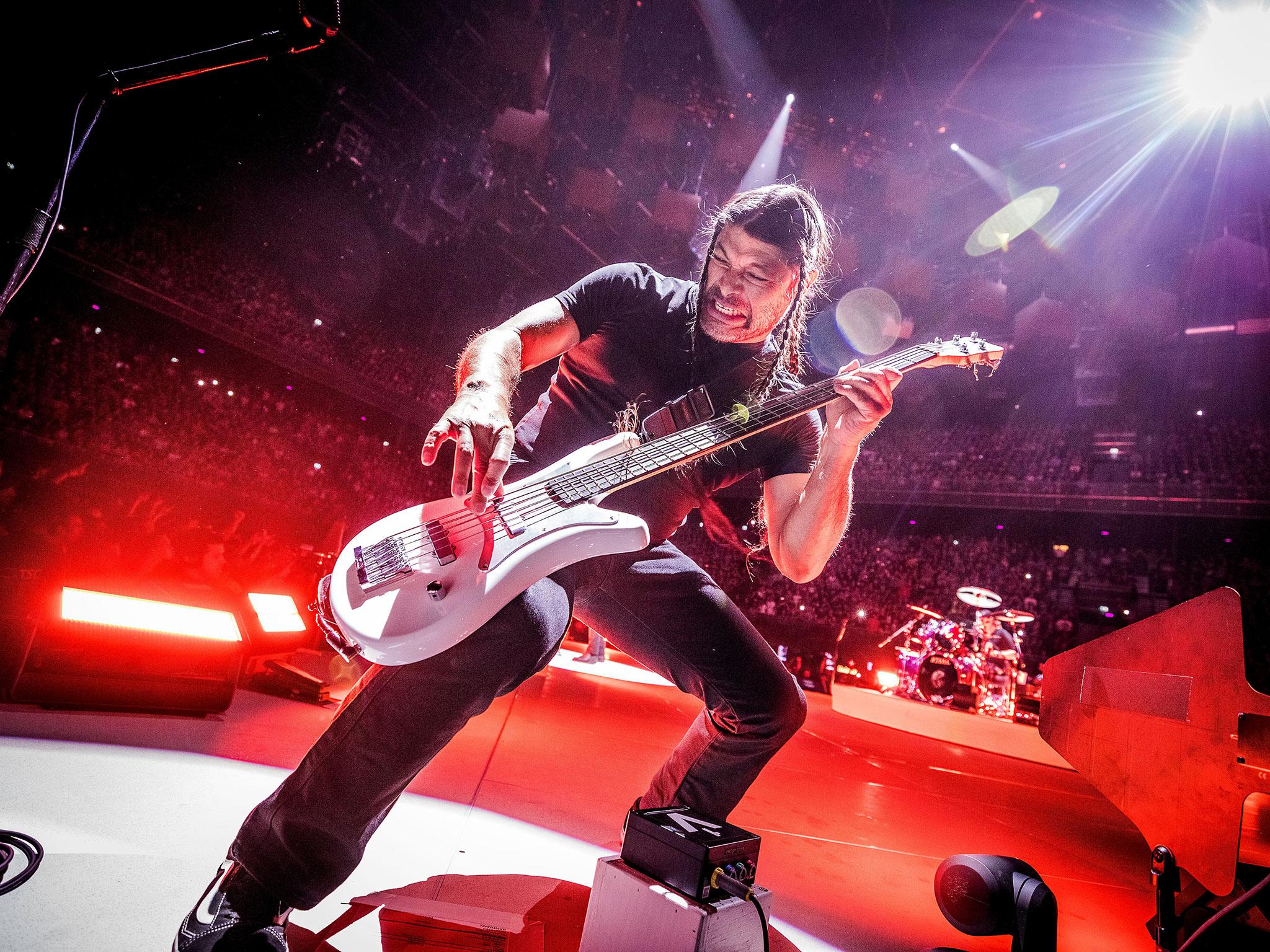 Metallica bassist Robert Trujillo performs with zeal at the Ziggo Dome in Amsterdam