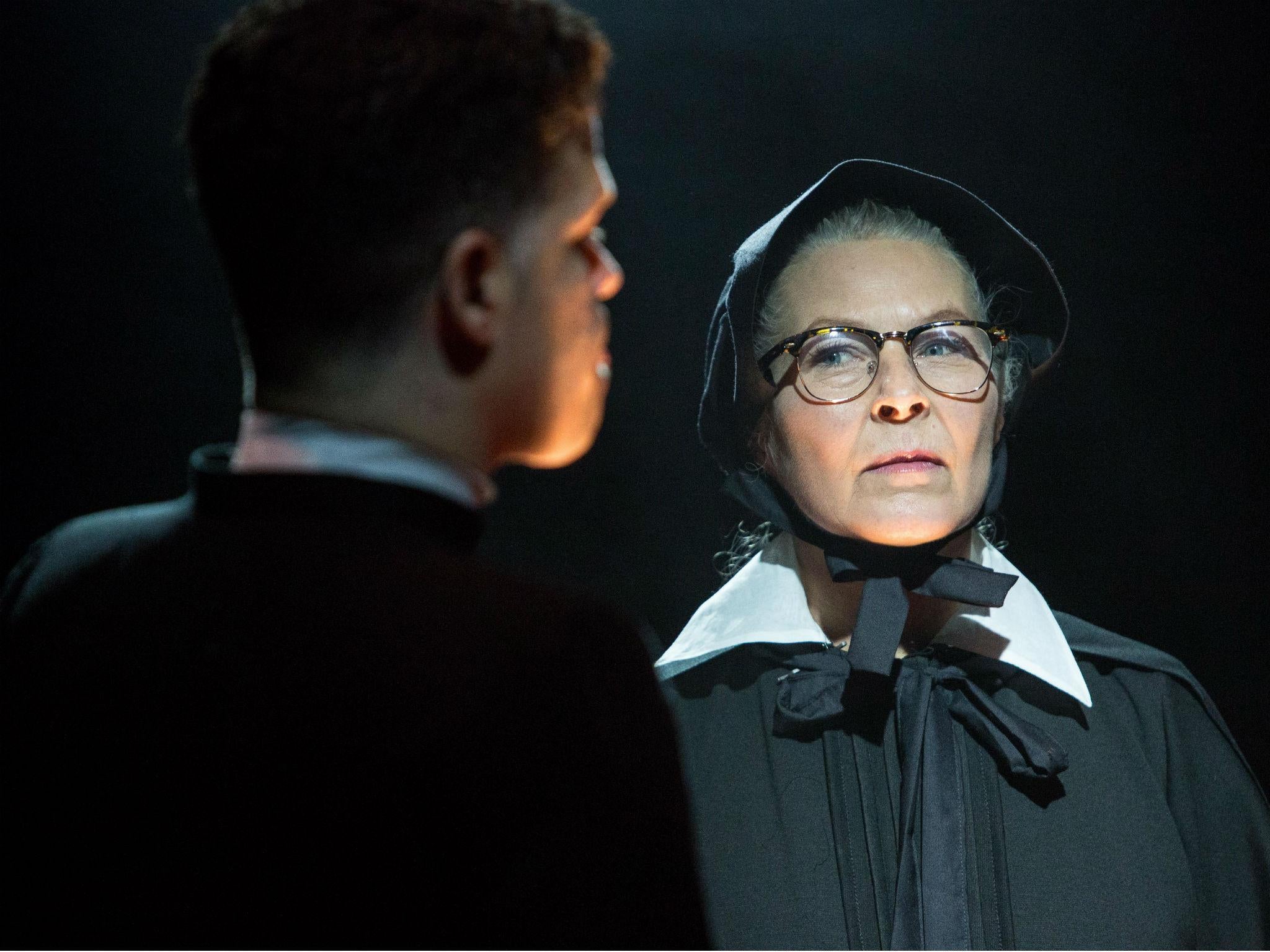Jonathan Chambers as Father Brendan Flynn and Stella Gonet as Sister Aloysius in 'Doubt, A Parable' at Southwark Playhouse