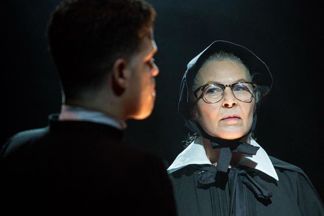 Jonathan Chambers as Father Brendan Flynn and Stella Gonet as Sister Aloysius in 'Doubt, A Parable' at Southwark Playhouse
