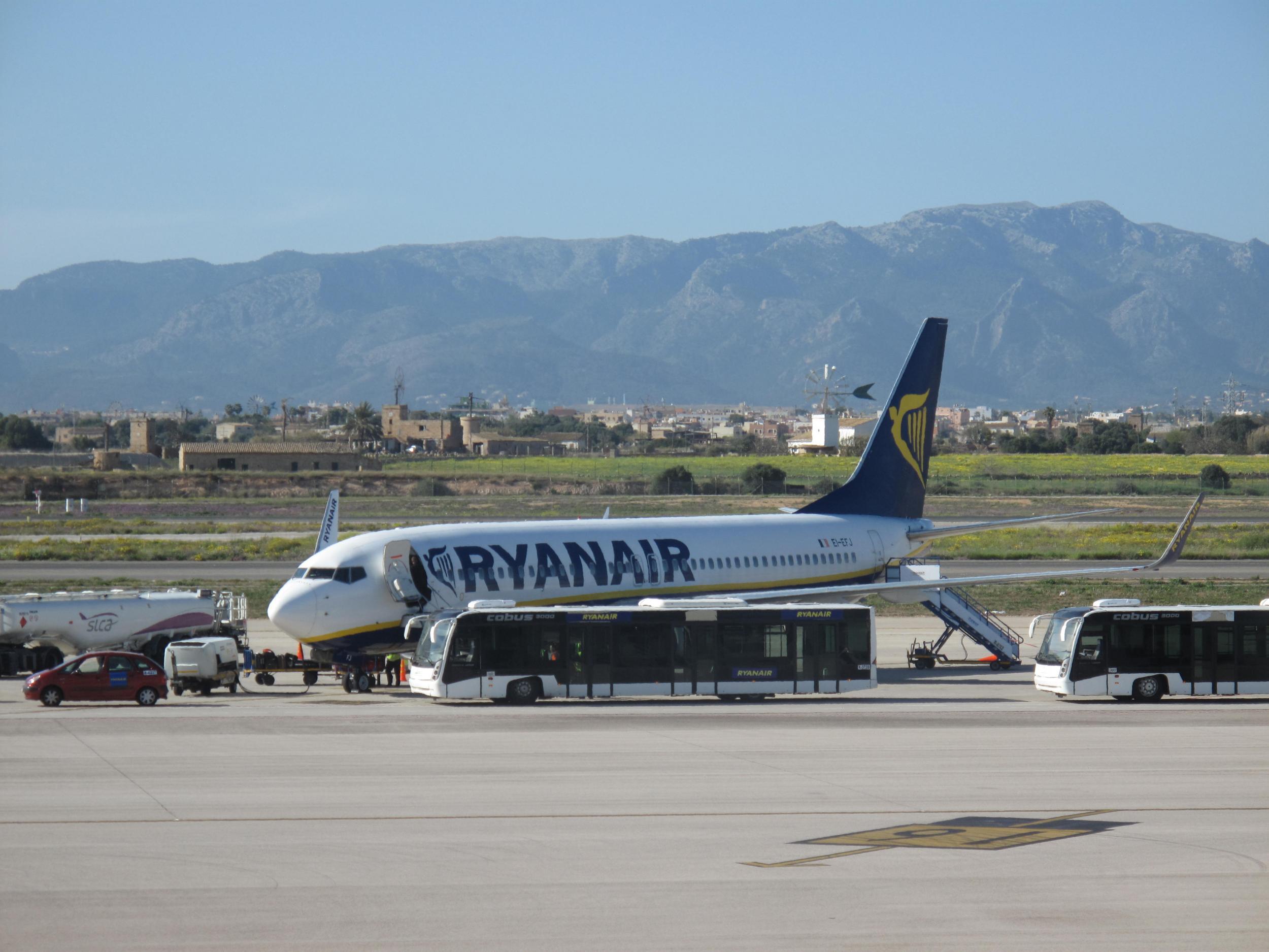 Grounded: Ryanair Boeing 777 at Palma airport, Mallorca, where several flights are cancelled