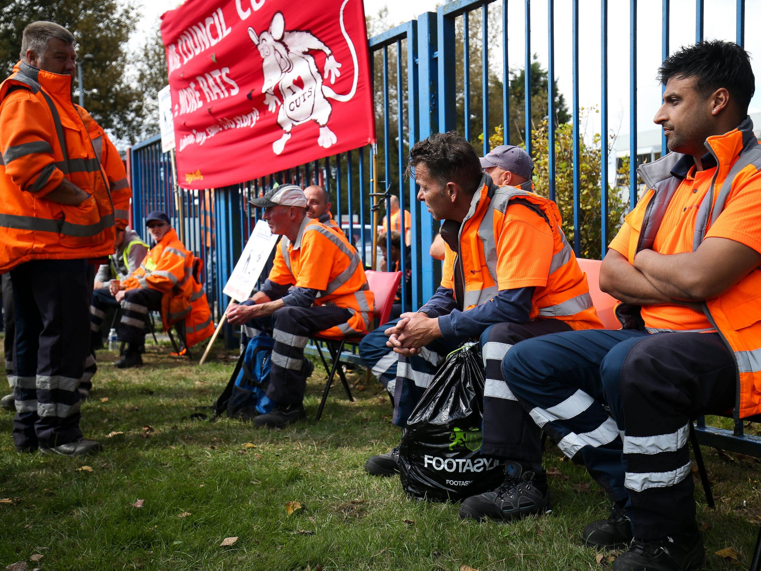 Bin workers at the Perry Barr Household Recycling Centre in Birmingham after they went back on strike following the city council's decision to begin issuing redundancy notices