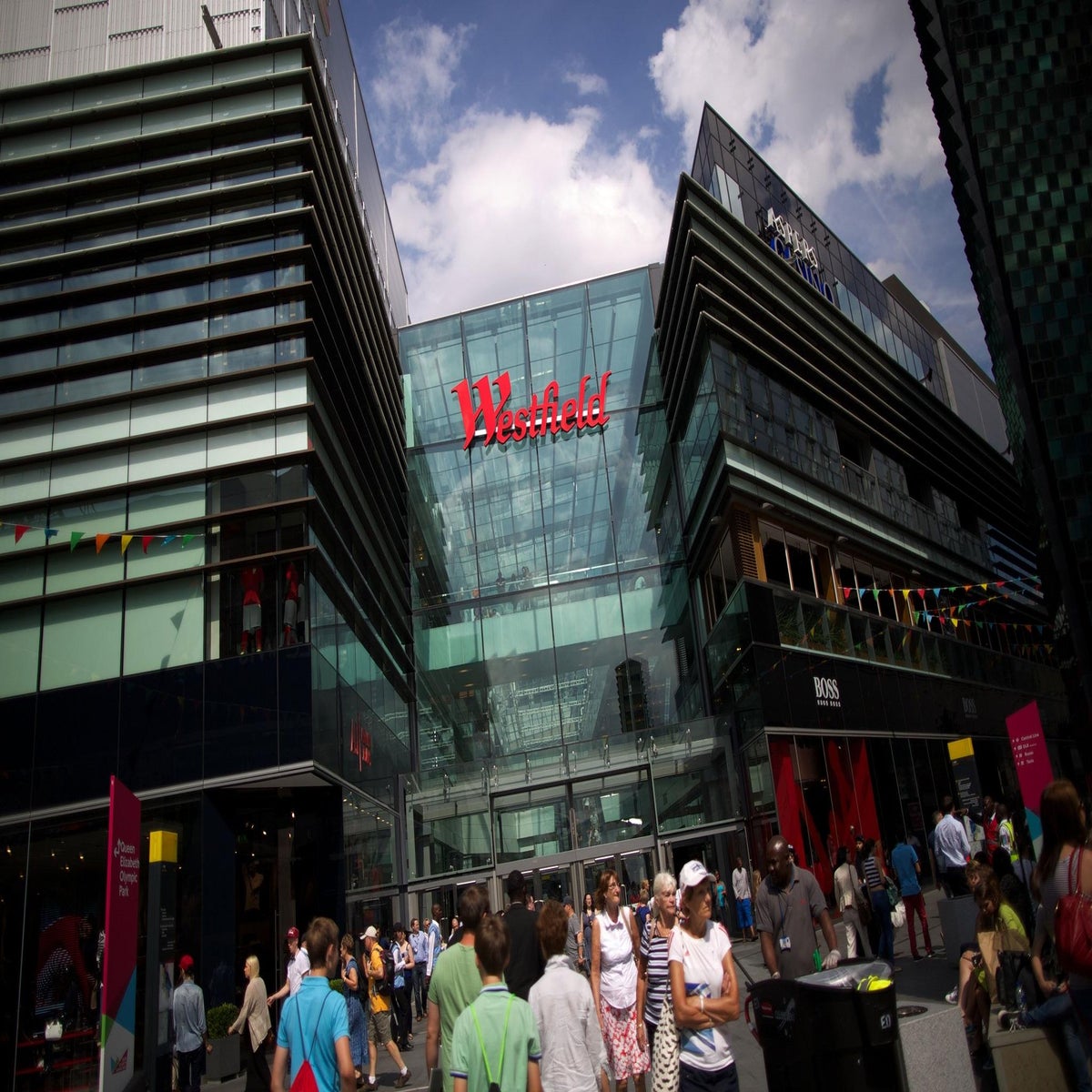 Westfield shopping centre sign logo, stratford, london, uk Stock