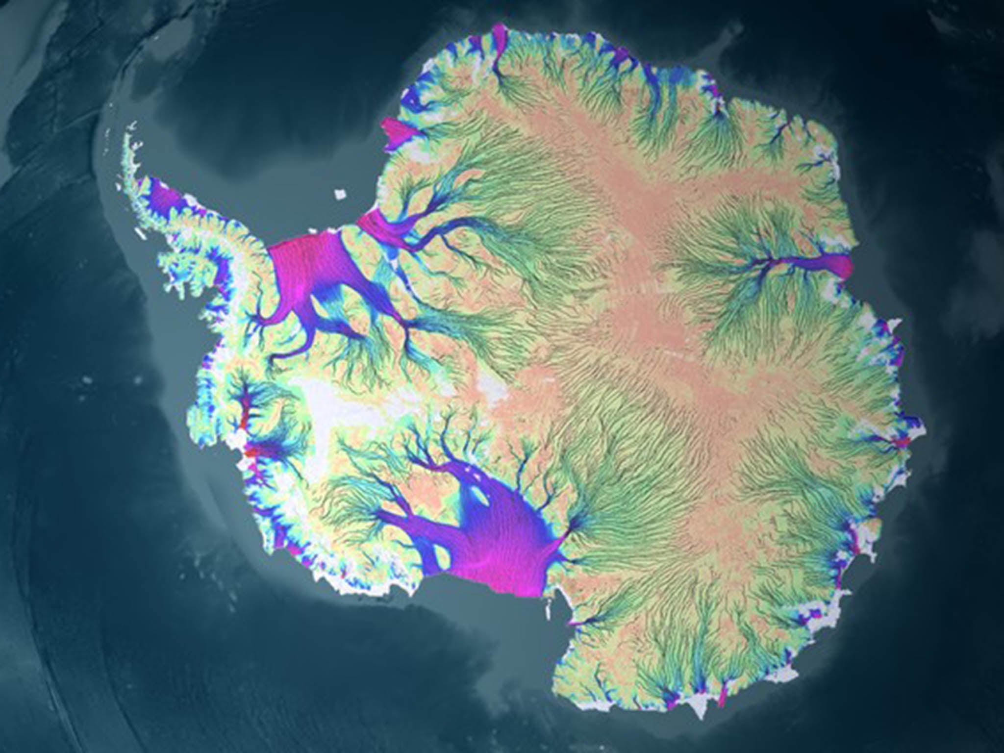 A velocity map of Antarctic ice streams as they move toward the ocean